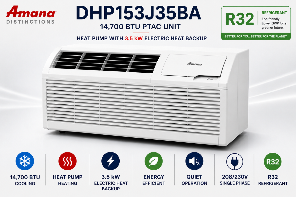 Amana DHP153J35BA 14700 BTU 230V PTAC Heat Pump Unit with 3.5kW Electric Heat Backup (Distinctions Series)
