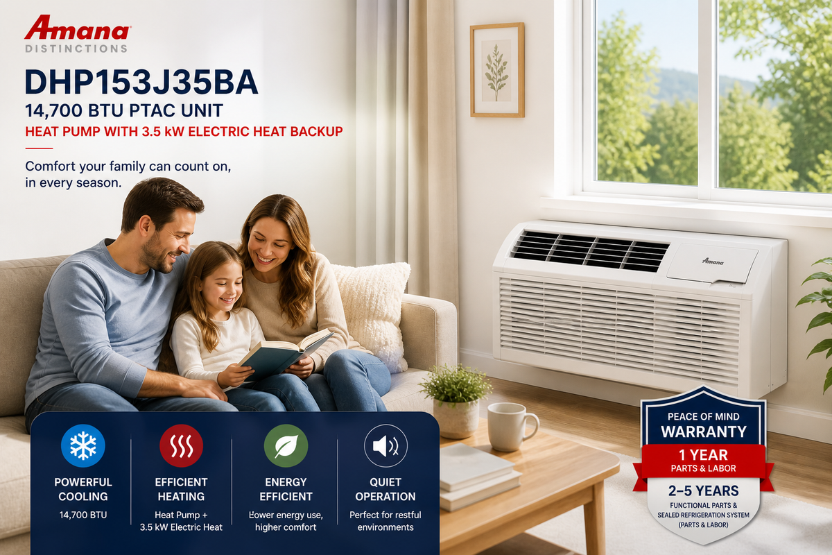Amana DHP153J35BA 14700 BTU 230V PTAC Heat Pump Unit with 3.5kW Electric Heat Backup (Distinctions Series)