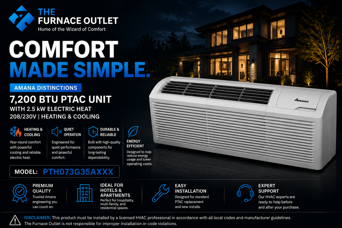 Amana Distinctions 7,200 BTU PTAC Unit with 2.5 kW Electric Heat 208/230 Volt Packaged Terminal Air Conditioner for Efficient Room Heating & Cooling