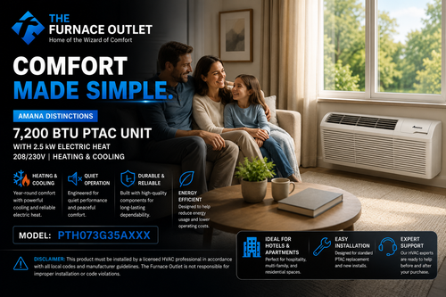 Amana Distinctions 7,200 BTU PTAC Unit with 2.5 kW Electric Heat 208/230 Volt Packaged Terminal Air Conditioner for Efficient Room Heating & Cooling