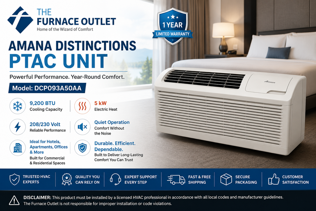 Amana Distinctions DCP093A50AA 9,200 BTU 208/230 Volt PTAC Unit with 5 kW Electric Heat for Efficient Room Heating & Cooling