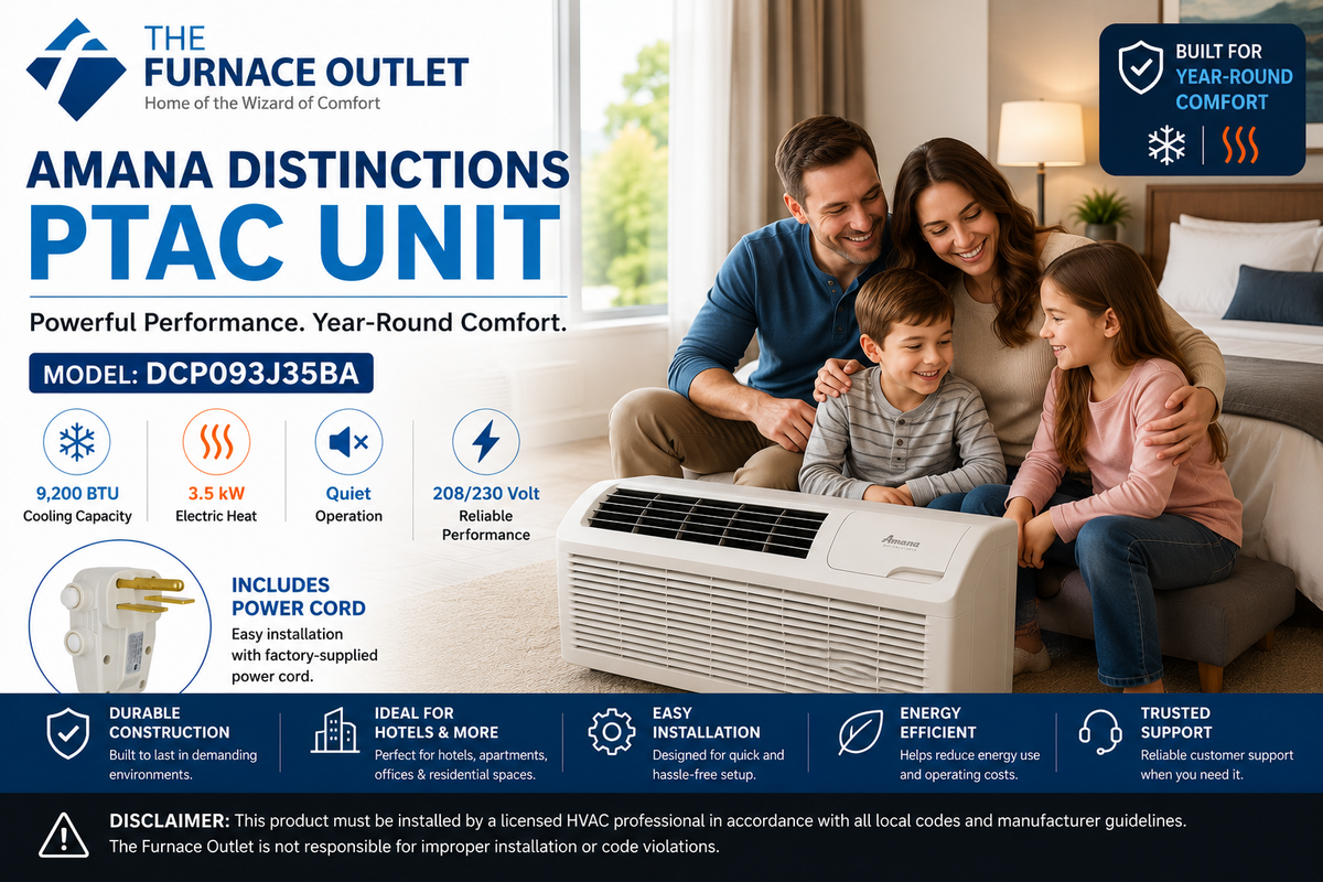 Amana Distinctions DCP093J35BA 9,200 BTU 208/230 Volt PTAC Unit with 3.5 kW Electric Heat for Efficient Room Heating & Cooling
