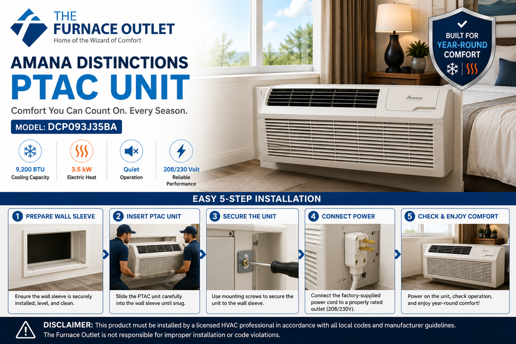 Amana Distinctions DCP093J35BA 9,200 BTU 208/230 Volt PTAC Unit with 3.5 kW Electric Heat for Efficient Room Heating & Cooling