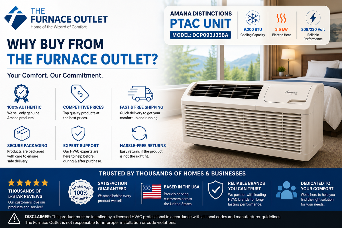 Amana Distinctions DCP093J35BA 9,200 BTU 208/230 Volt PTAC Unit with 3.5 kW Electric Heat for Efficient Room Heating & Cooling
