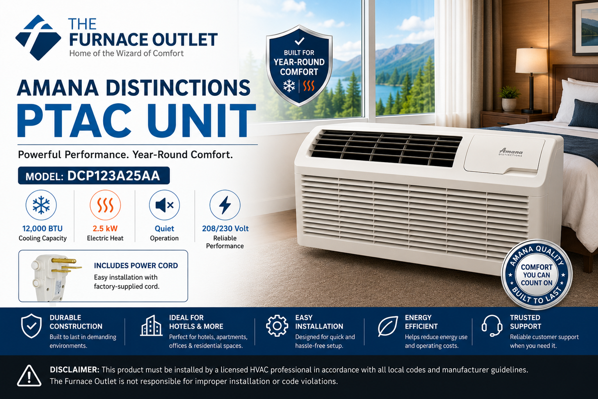 Amana Distinctions DCP123A25AA 12,000 BTU 208/230 Volt PTAC Unit with 2.5 kW Electric Heat for Efficient Room Heating & Cooling