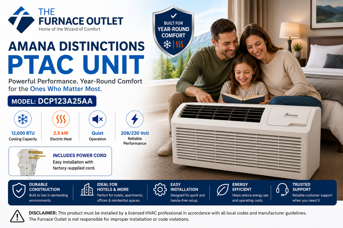 Amana Distinctions DCP123A25AA 12,000 BTU 208/230 Volt PTAC Unit with 2.5 kW Electric Heat for Efficient Room Heating & Cooling