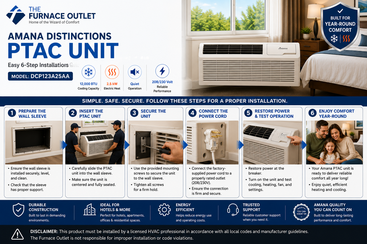 Amana Distinctions DCP123A25AA 12,000 BTU 208/230 Volt PTAC Unit with 2.5 kW Electric Heat for Efficient Room Heating & Cooling