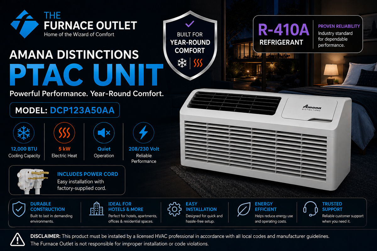 Amana Distinctions DCP123A50AA 12,000 BTU 208/230 Volt PTAC Unit with 5 kW Electric Heat for Efficient Room Heating & Cooling