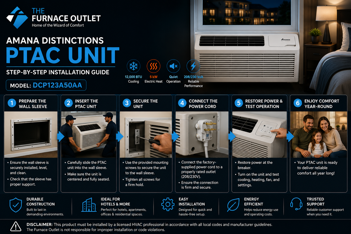 Amana Distinctions DCP123A50AA 12,000 BTU 208/230 Volt PTAC Unit with 5 kW Electric Heat for Efficient Room Heating & Cooling