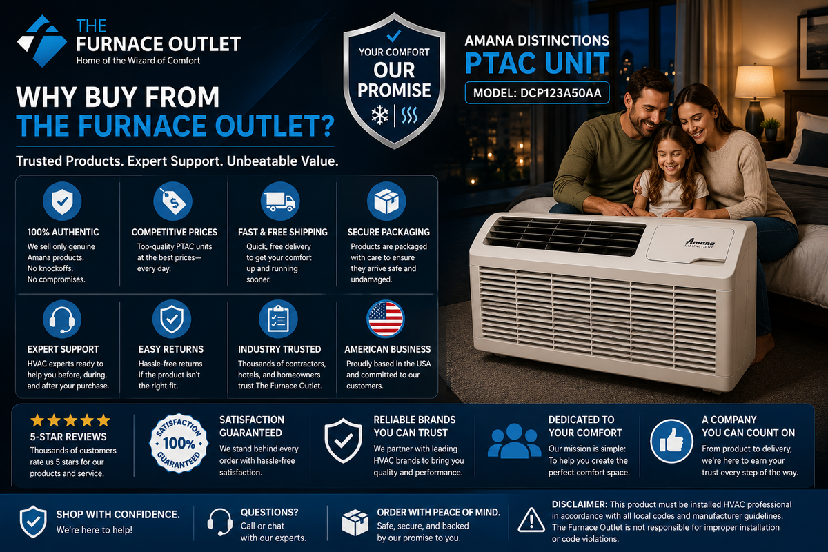 Amana Distinctions DCP123A50AA 12,000 BTU 208/230 Volt PTAC Unit with 5 kW Electric Heat for Efficient Room Heating & Cooling