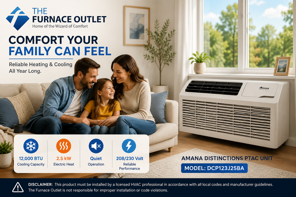 Amana Distinctions DCP123J25BA 12,000 BTU 208/230 Volt PTAC Unit with 2.5 kW Electric Heat for Efficient Room Heating & Cooling