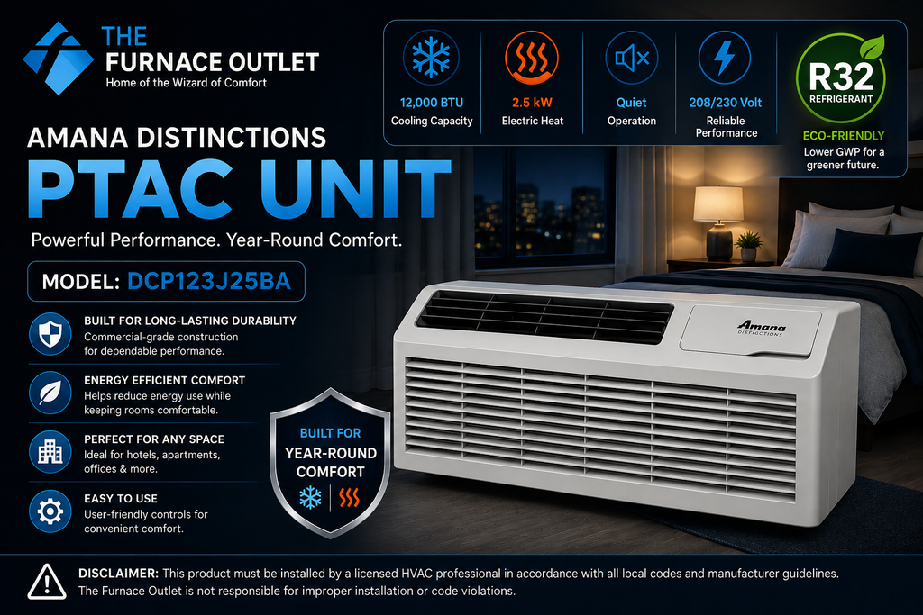 Amana Distinctions DCP123J25BA 12,000 BTU 208/230 Volt PTAC Unit with 2.5 kW Electric Heat for Efficient Room Heating & Cooling