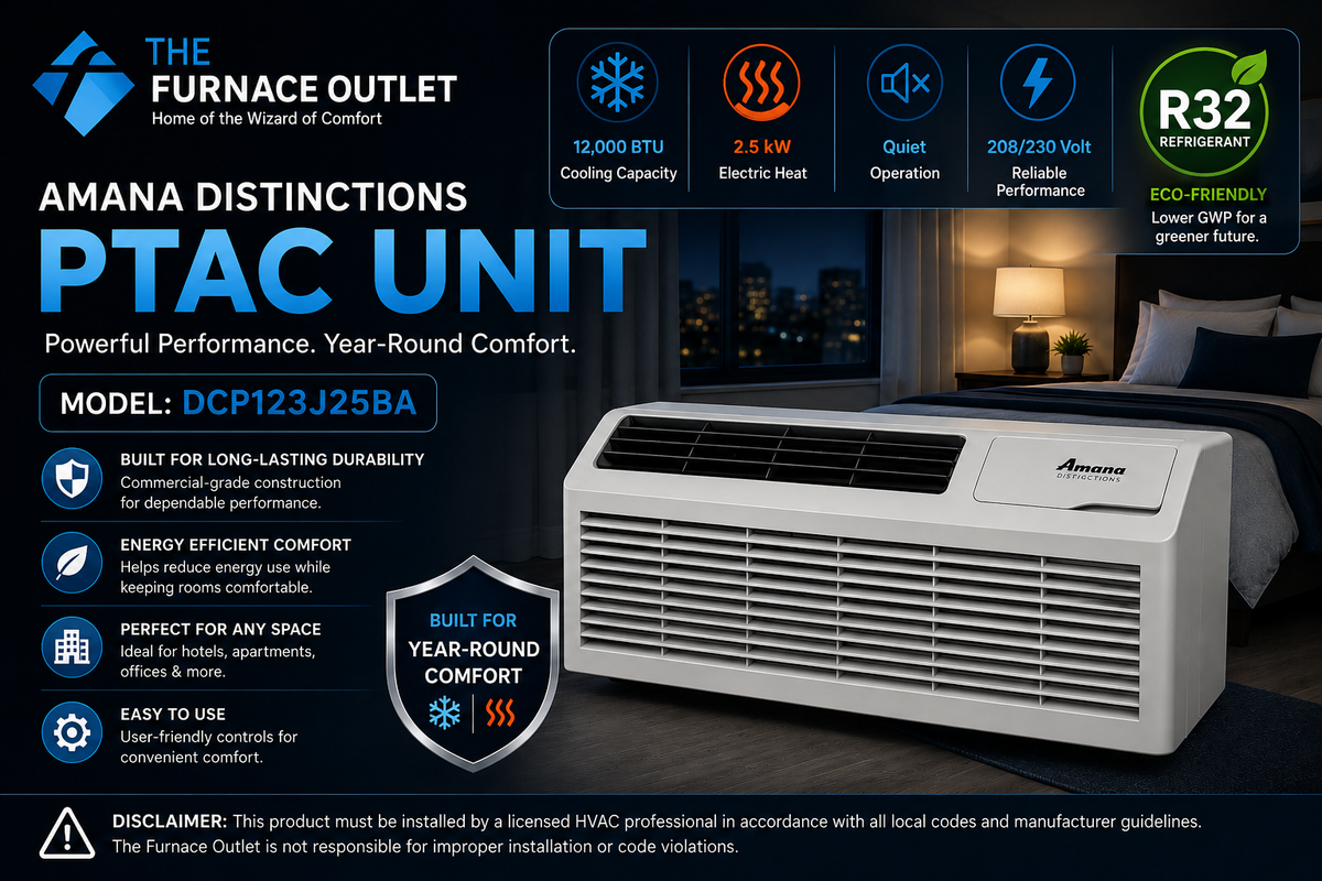 Amana Distinctions DCP123J25BA 12,000 BTU 208/230 Volt PTAC Unit with 2.5 kW Electric Heat for Efficient Room Heating & Cooling
