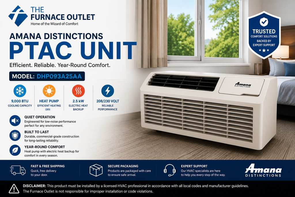 Amana Distinctions DHP093A25AA 9,000 BTU 208/230 Volt PTAC Unit with Heat Pump and 2.5 kW Electric Heat Backup for Year-Round Heating & Cooling