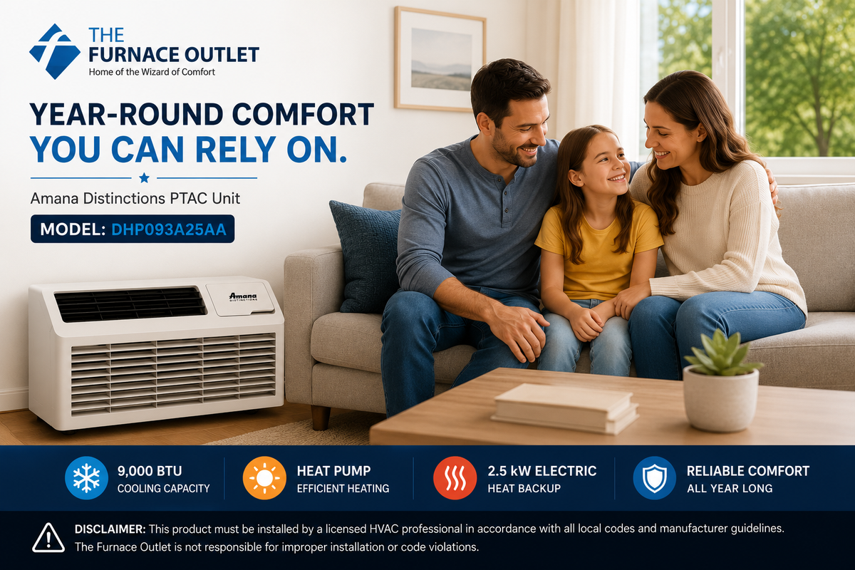 Amana Distinctions DHP093A25AA 9,000 BTU 208/230 Volt PTAC Unit with Heat Pump and 2.5 kW Electric Heat Backup for Year-Round Heating & Cooling