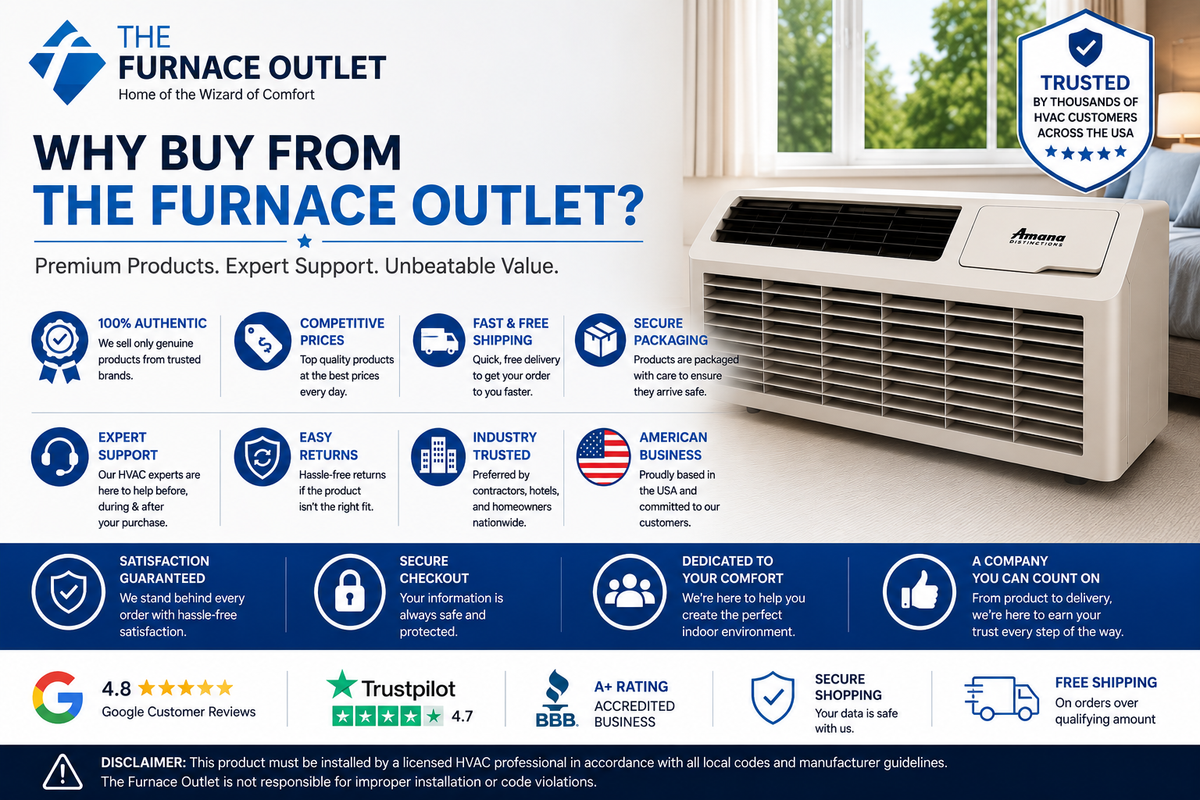 Amana Distinctions DHP093A25AA 9,000 BTU 208/230 Volt PTAC Unit with Heat Pump and 2.5 kW Electric Heat Backup for Year-Round Heating & Cooling