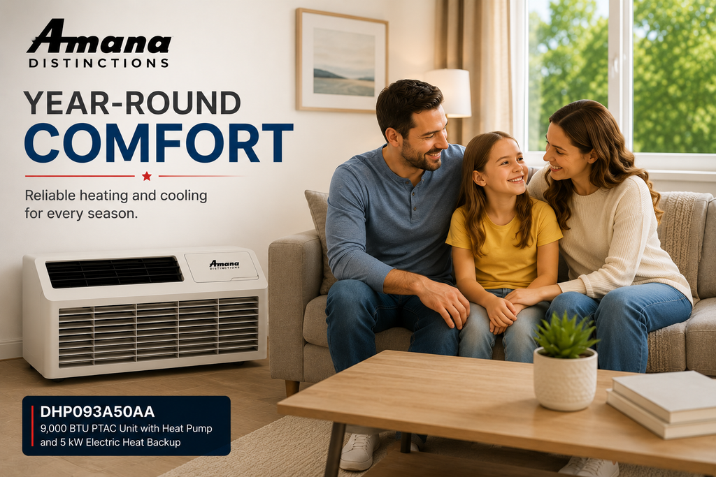 Amana Distinctions DHP093A50AA 9,000 BTU 208/230 Volt PTAC Unit with Heat Pump and 5 kW Electric Heat Backup for Year-Round Heating & Cooling
