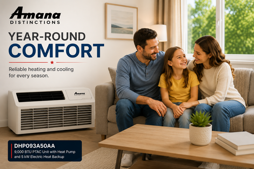 Amana Distinctions DHP093A50AA 9,000 BTU 208/230 Volt PTAC Unit with Heat Pump and 5 kW Electric Heat Backup for Year-Round Heating & Cooling