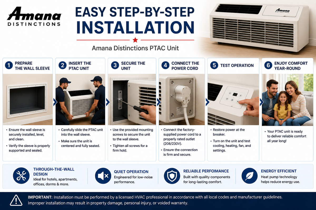 Amana Distinctions DHP093A50AA 9,000 BTU 208/230 Volt PTAC Unit with Heat Pump and 5 kW Electric Heat Backup for Year-Round Heating & Cooling