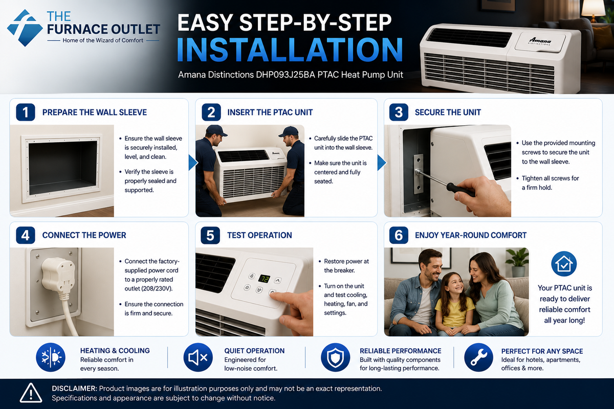 Amana Distinctions DHP093J25BA 9,000 BTU 208/230 Volt PTAC Heat Pump Unit with 2.5 kW Electric Heat Backup for Year-Round Heating & Cooling
