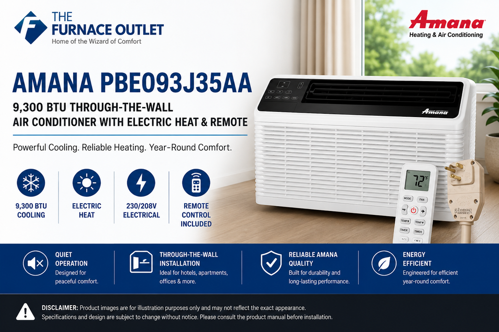 Amana PBE093J35AA 9,300 BTU 230/208V Through-the-Wall Air Conditioner with Electric Heat & Remote – Energy Efficient PTAC Heating and Cooling Unit