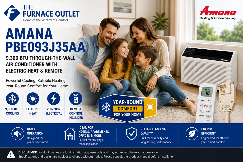 Amana PBE093J35AA 9,300 BTU 230/208V Through-the-Wall Air Conditioner with Electric Heat & Remote – Energy Efficient PTAC Heating and Cooling Unit