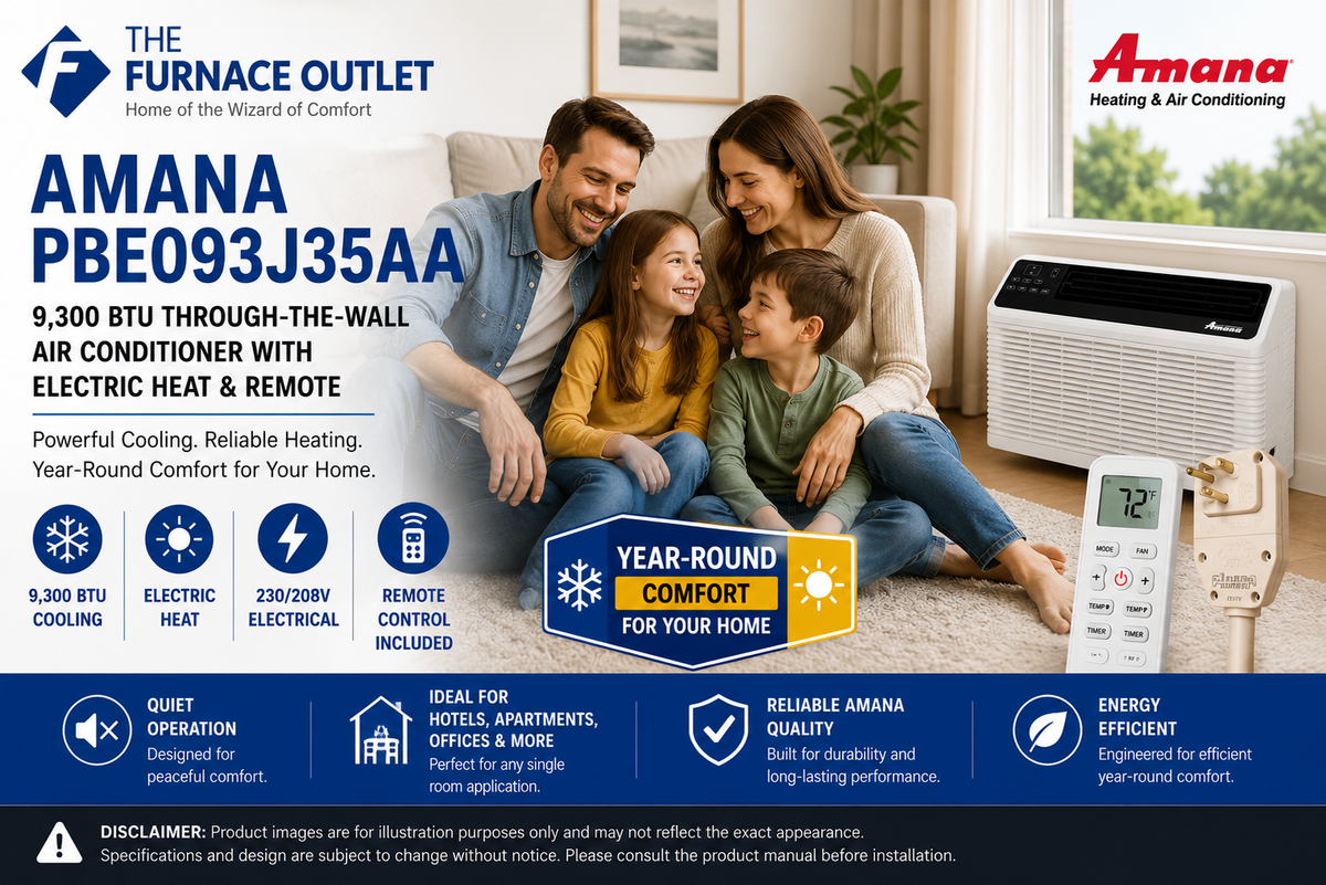 Amana PBE093J35AA 9,300 BTU 230/208V Through-the-Wall Air Conditioner with Electric Heat & Remote – Energy Efficient PTAC Heating and Cooling Unit