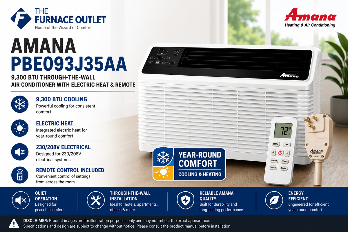 Amana PBE093J35AA 9,300 BTU 230/208V Through-the-Wall Air Conditioner with Electric Heat & Remote – Energy Efficient PTAC Heating and Cooling Unit