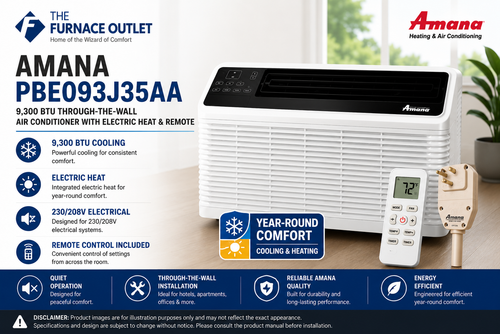 Amana PBE093J35AA 9,300 BTU 230/208V Through-the-Wall Air Conditioner with Electric Heat & Remote – Energy Efficient PTAC Heating and Cooling Unit