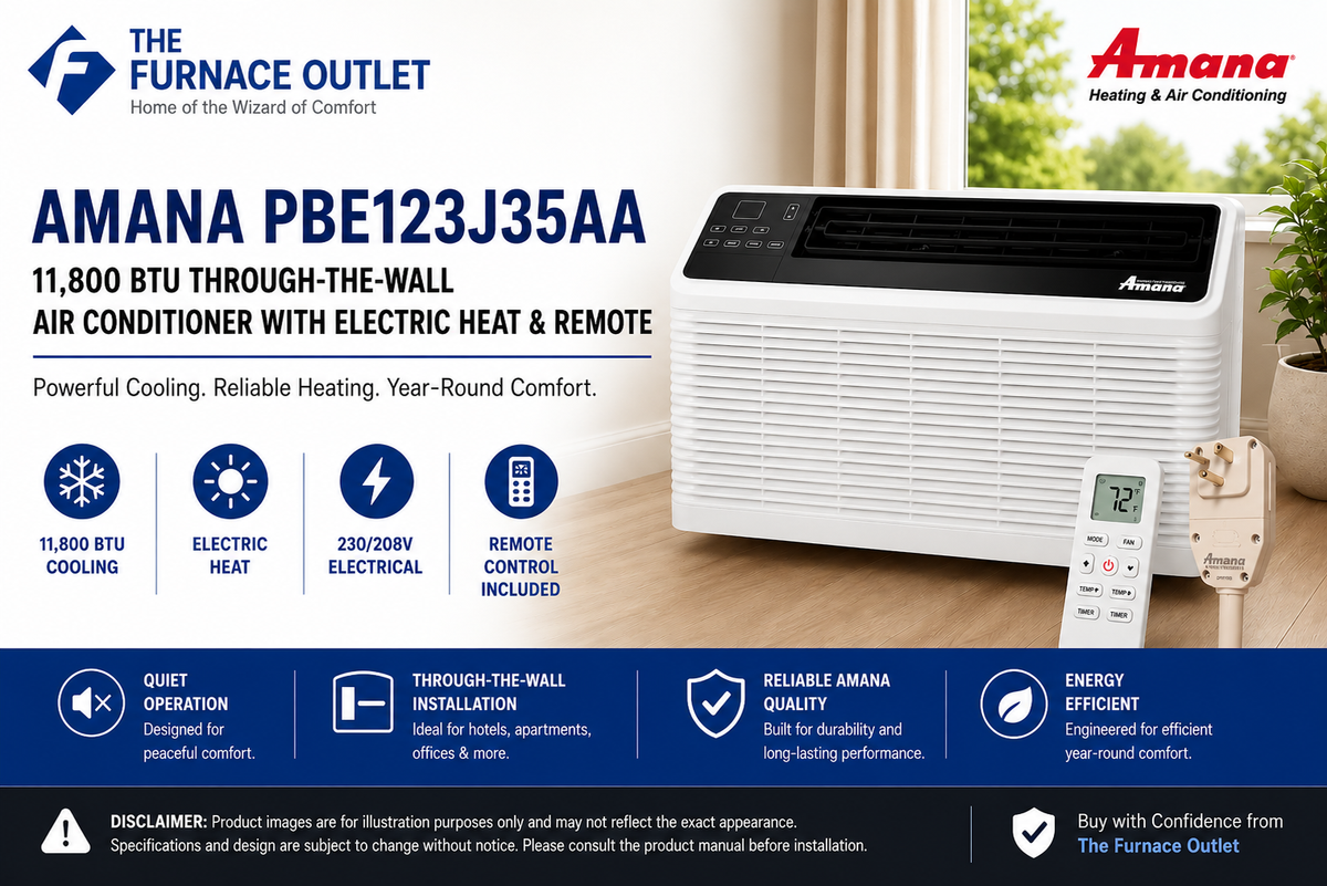 Amana PBE123J35AA 11,800 BTU 230/208V Through-the-Wall Air Conditioner with Electric Heat & Remote – Energy Efficient PTAC Heating and Cooling Unit