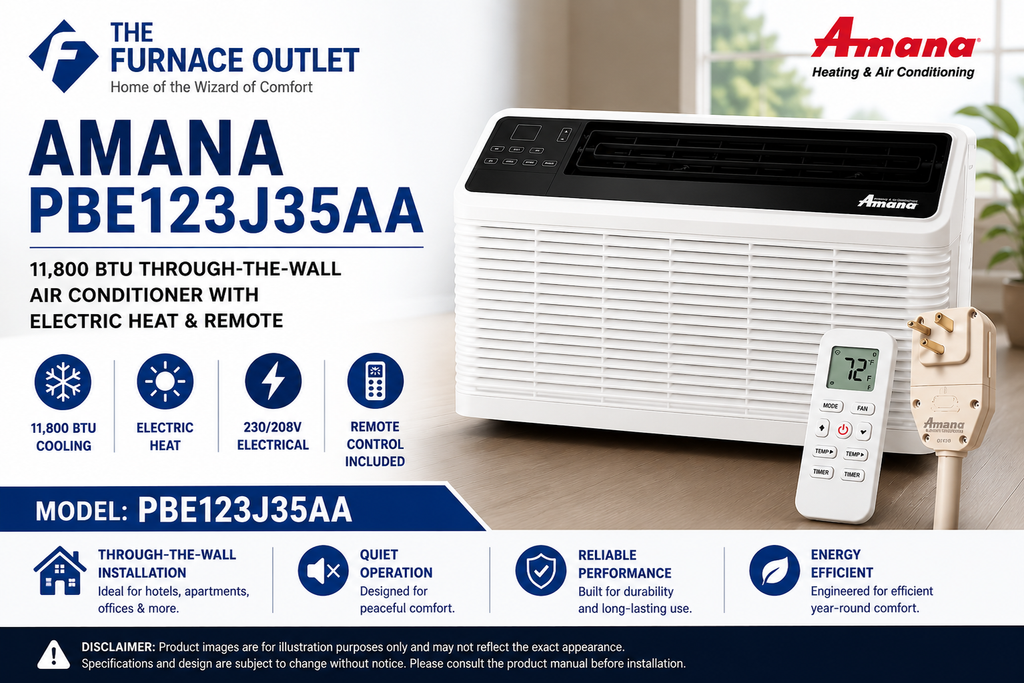 Amana PBE123J35AA 11,800 BTU 230/208V Through-the-Wall Air Conditioner with Electric Heat & Remote – Energy Efficient PTAC Heating and Cooling Unit