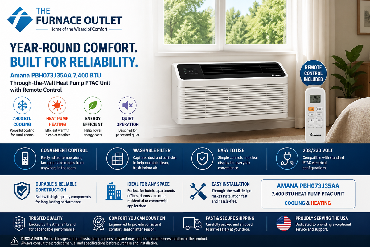 Amana PBH073J35AA 7400 BTU 208/230 Volt Through-the-Wall Heat Pump PTAC Air Conditioner with Remote Control for Heating & Cooling