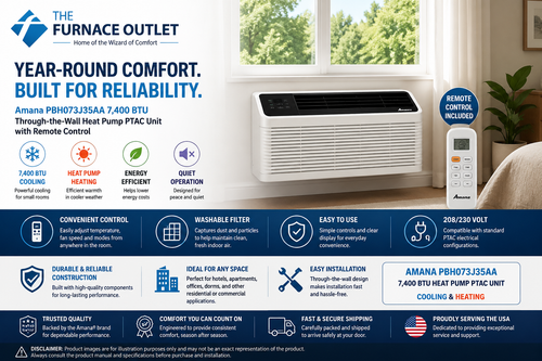 Amana PBH073J35AA 7400 BTU 208/230 Volt Through-the-Wall Heat Pump PTAC Air Conditioner with Remote Control for Heating & Cooling