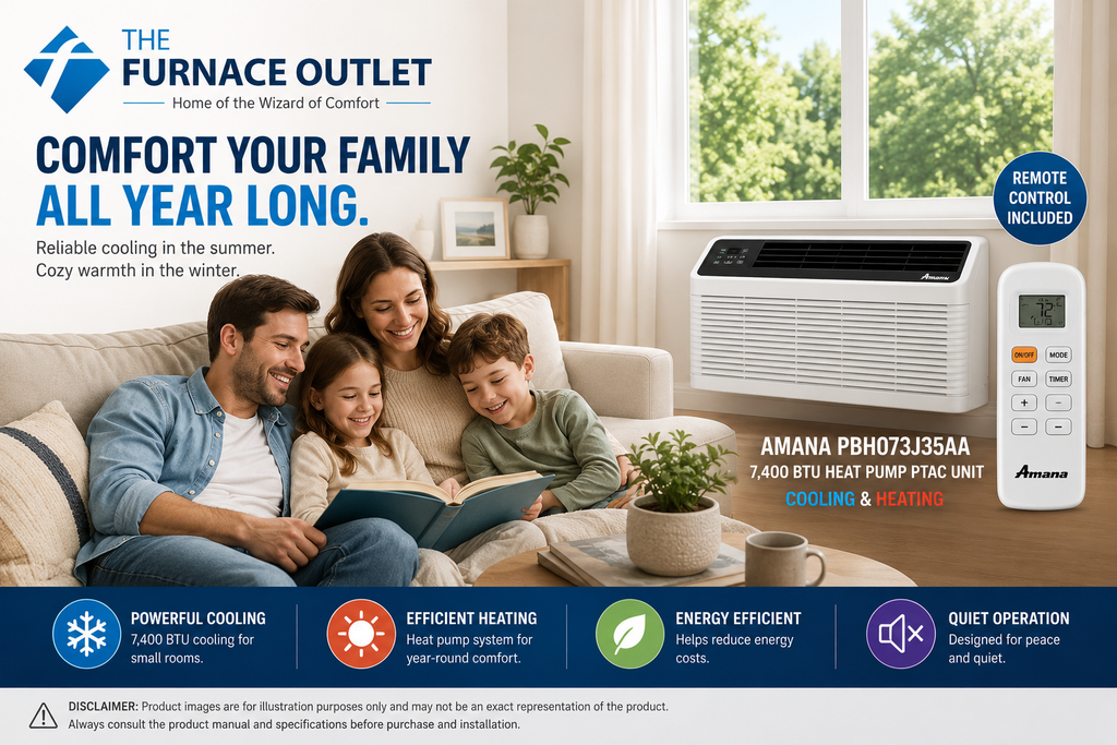 Amana PBH073J35AA 7400 BTU 208/230 Volt Through-the-Wall Heat Pump PTAC Air Conditioner with Remote Control for Heating & Cooling
