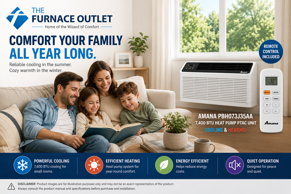Amana PBH073J35AA 7400 BTU 208/230 Volt Through-the-Wall Heat Pump PTAC Air Conditioner with Remote Control for Heating & Cooling