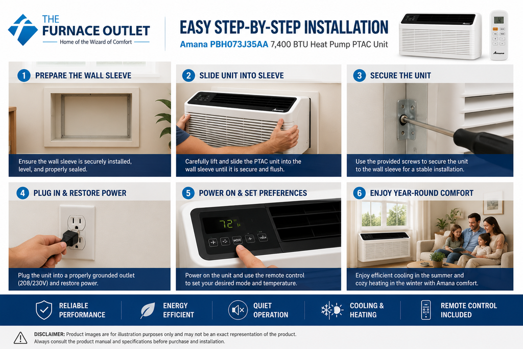Amana PBH073J35AA 7400 BTU 208/230 Volt Through-the-Wall Heat Pump PTAC Air Conditioner with Remote Control for Heating & Cooling