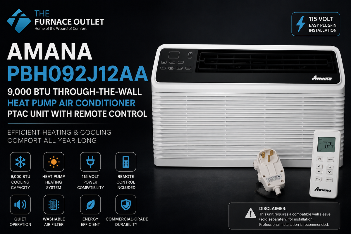 Amana PBH092J12AA 9000 BTU 115 Volt Through-the-Wall Heat Pump Air Conditioner PTAC Unit with Remote Control for Efficient Heating & Cooling
