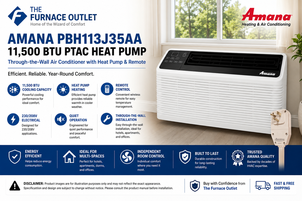 Amana PBH113J35AA 11,500 BTU 230/208V Through-the-Wall Air Conditioner with Heat Pump & Remote – Energy Efficient PTAC Heating and Cooling Unit