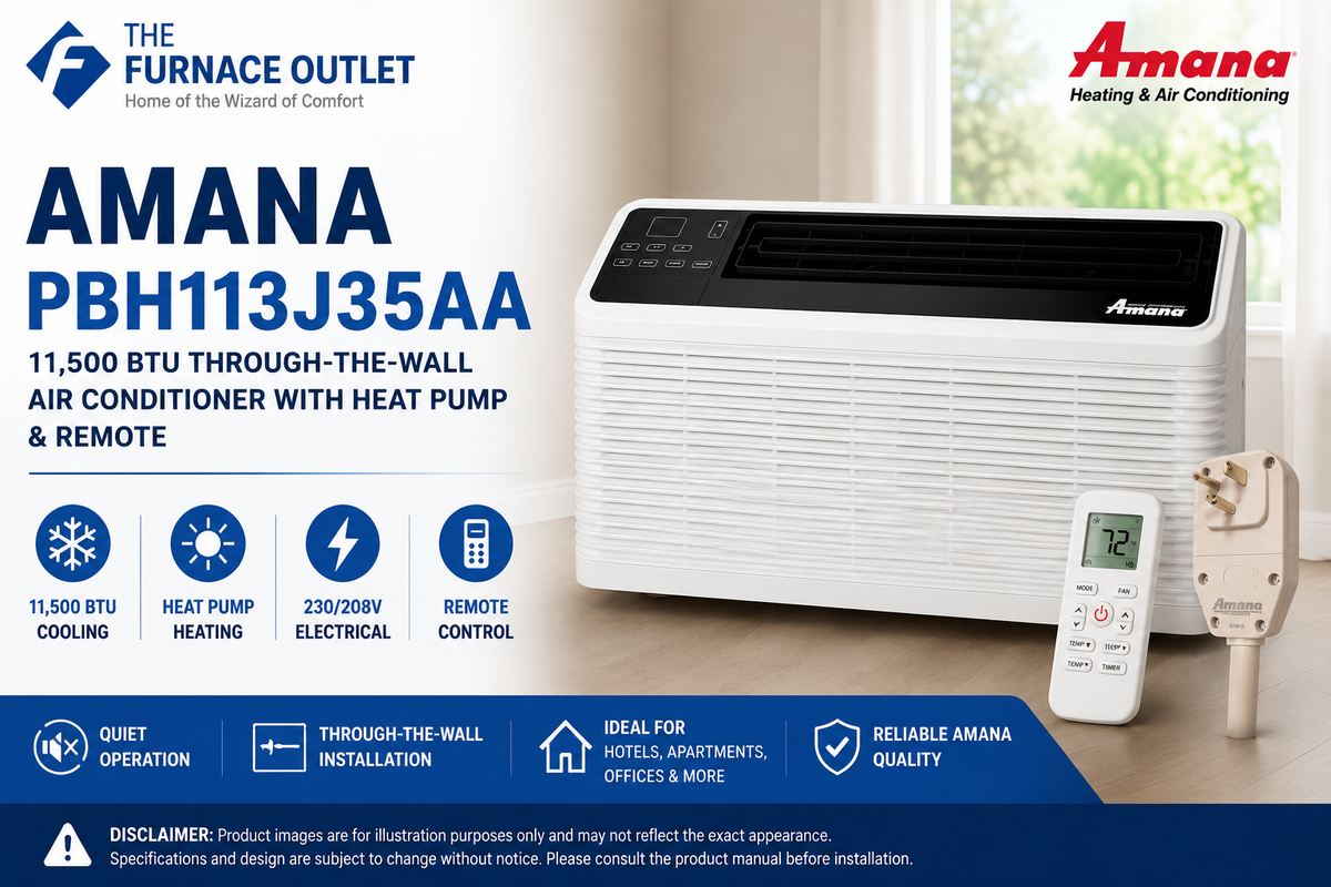 Amana PBH113J35AA 11,500 BTU 230/208V Through-the-Wall Air Conditioner with Heat Pump & Remote – Energy Efficient PTAC Heating and Cooling Unit