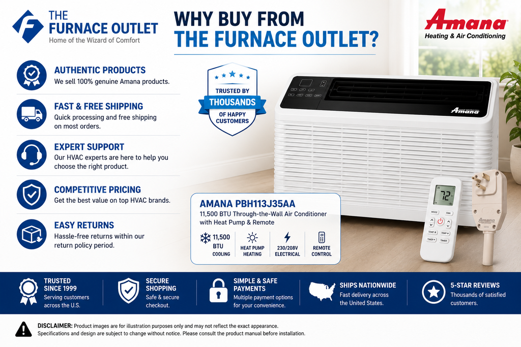 Amana PBH113J35AA 11,500 BTU 230/208V Through-the-Wall Air Conditioner with Heat Pump & Remote – Energy Efficient PTAC Heating and Cooling Unit