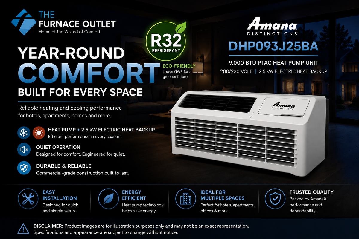 Amana Distinctions DHP093J25BA 9,000 BTU 208/230 Volt PTAC Heat Pump Unit with 2.5 kW Electric Heat Backup for Year-Round Heating & Cooling