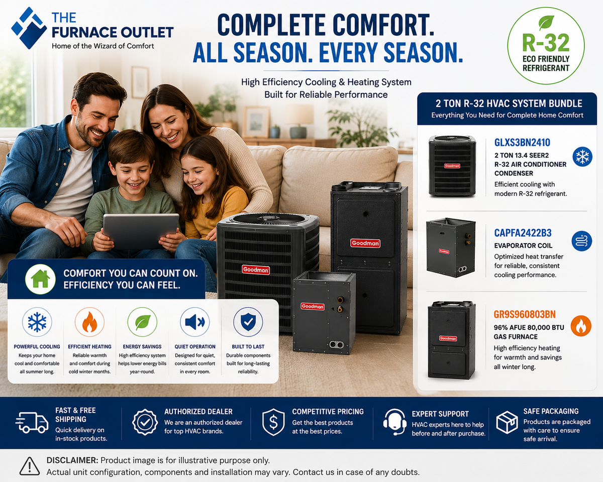 Goodman 2 Ton 13.4 SEER2 R-32 Air Conditioner System with GLXS3BN2410 Condenser, CAPFA2422B3 Evaporator Coil & GR9S960803BN 96% AFUE 80,000 BTU Gas Furnace Bundle