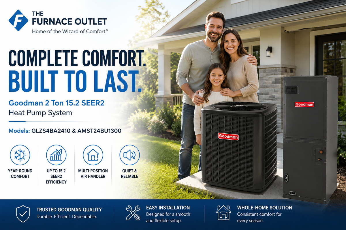 Goodman 2 Ton 15.2 SEER2 Multi-Position Heat Pump System with GLZS4BA2410 Condenser & AMST24BU1300 Air Handler – Energy-Efficient Year-Round Home Comfort