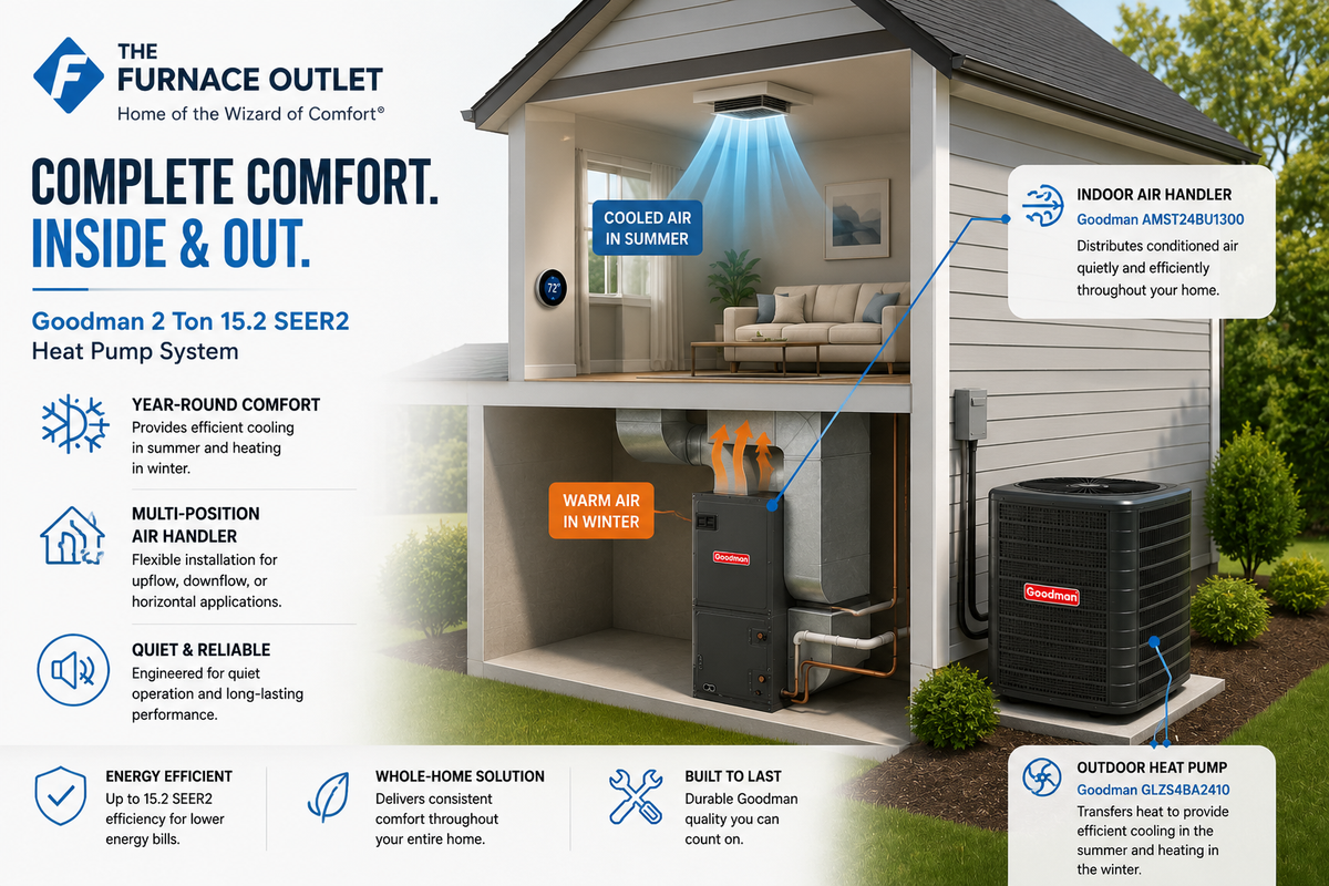 Goodman 2 Ton 15.2 SEER2 Multi-Position Heat Pump System with GLZS4BA2410 Condenser & AMST24BU1300 Air Handler – Energy-Efficient Year-Round Home Comfort