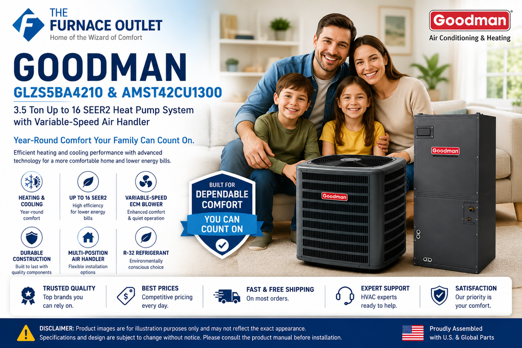 Goodman 3.5 Ton Up To 16 SEER2 Heat Pump System with Variable-Speed Air Handler – GLZS5BA4210 & AMST42CU1300 Energy Efficient Home Comfort Solution