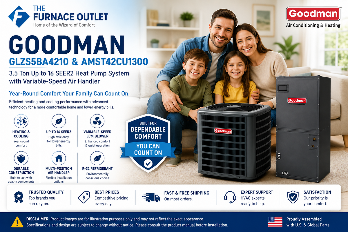 Goodman 3.5 Ton Up To 16 SEER2 Heat Pump System with Variable-Speed Air Handler – GLZS5BA4210 & AMST42CU1300 Energy Efficient Home Comfort Solution