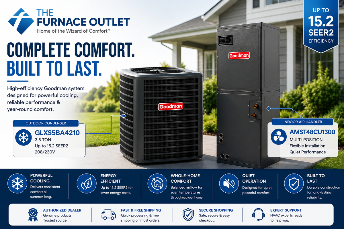 Goodman 3.5 Ton Up to 15.2 SEER2 208/230V Air Conditioner System with GLXS5BA4210 Condenser & AMST48CU1300 Multi-Position Air Handler