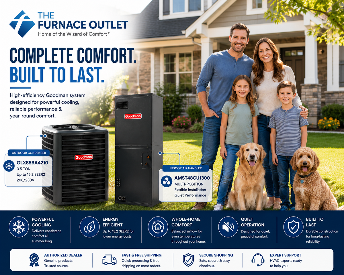 Goodman 3.5 Ton Up to 15.2 SEER2 208/230V Air Conditioner System with GLXS5BA4210 Condenser & AMST48CU1300 Multi-Position Air Handler