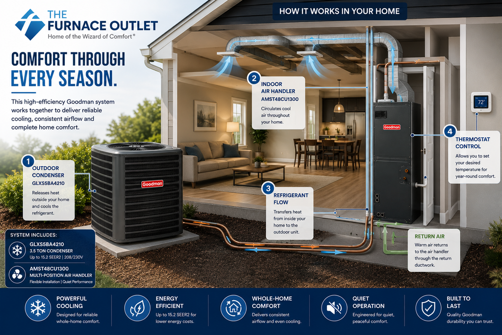 Goodman 3.5 Ton Up to 15.2 SEER2 208/230V Air Conditioner System with GLXS5BA4210 Condenser & AMST48CU1300 Multi-Position Air Handler