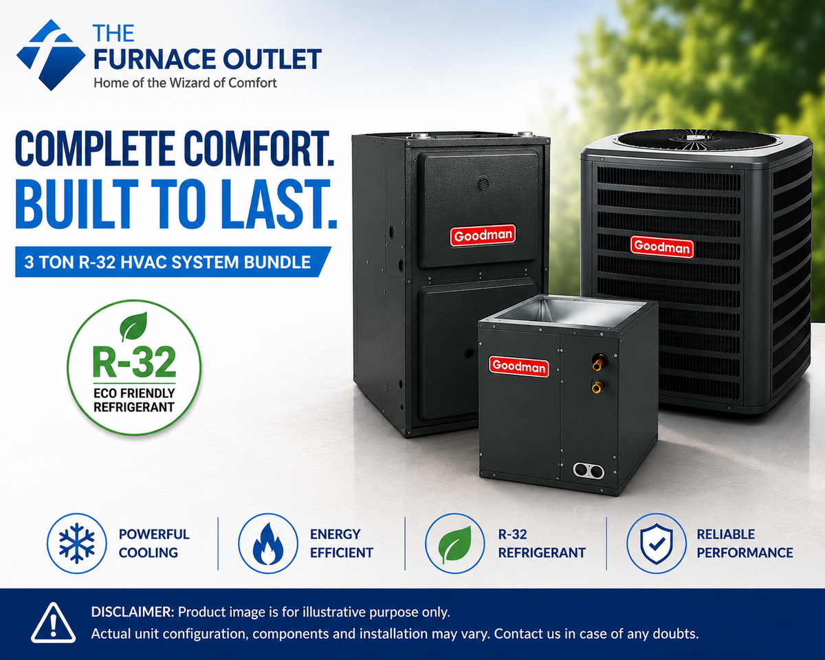 Goodman 3 Ton 15.2 SEER2 R-32 Air Conditioner Condenser GLXS5BA3610 208/230 Volts with CAPTA4230C3 Evaporator Coil & GR9T961005CN 96% AFUE 100,000 BTU Gas Furnace System Bundle